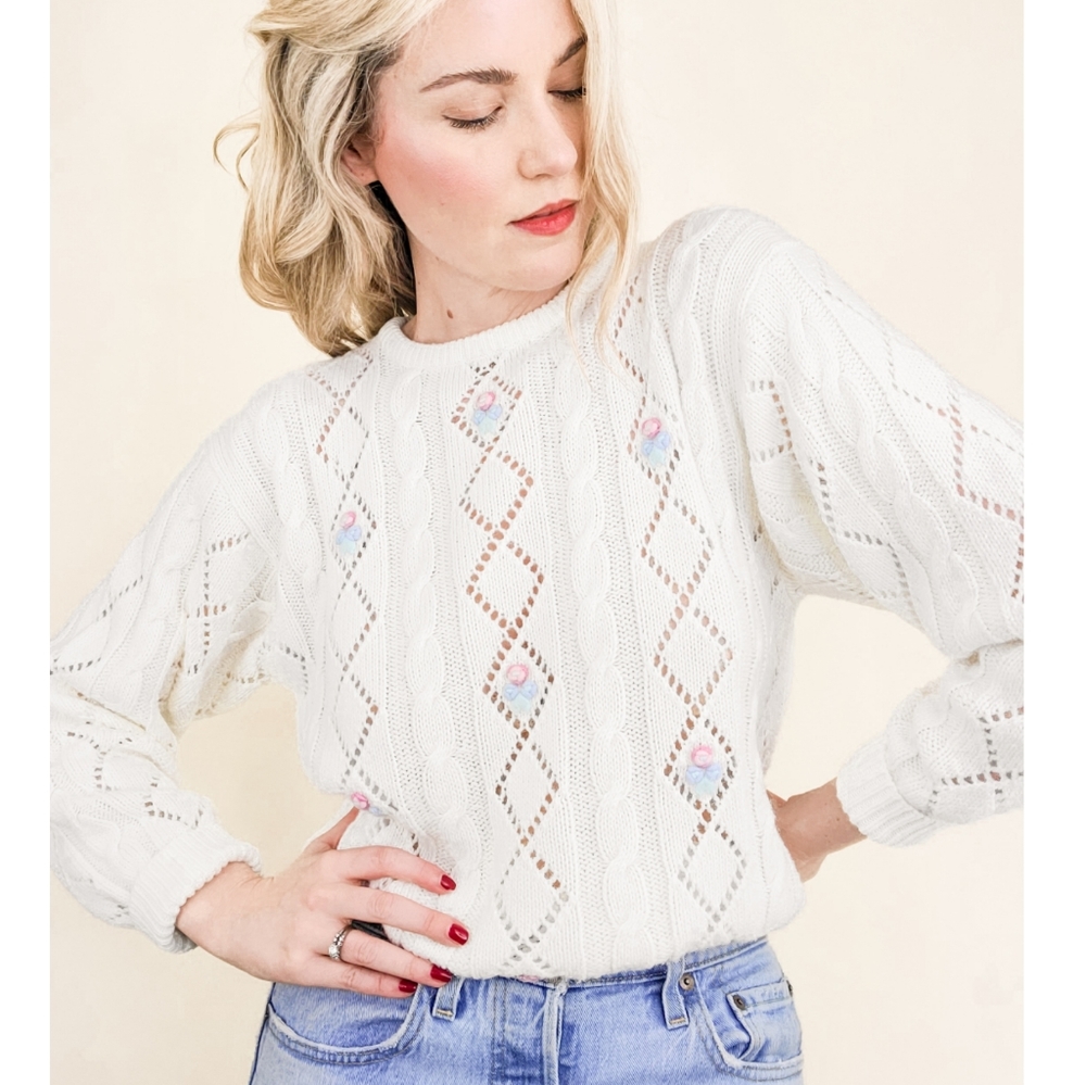 80s Ivory Floral Embroidered Pointelle VTG Sweater - Picture 2 of 16